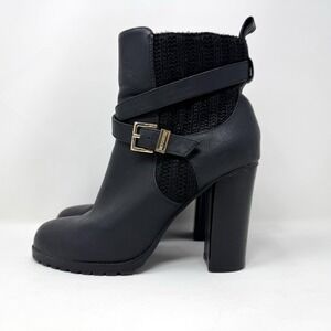 Juicy Couture Black Ankle‎ Boot Knitted Cuff Chunky Heel Buckle Strap Zipper 7.5